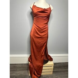 Showpo Rust Copper Satin Cowl Neck Maxi Dress Open Back Formal Gown NWT